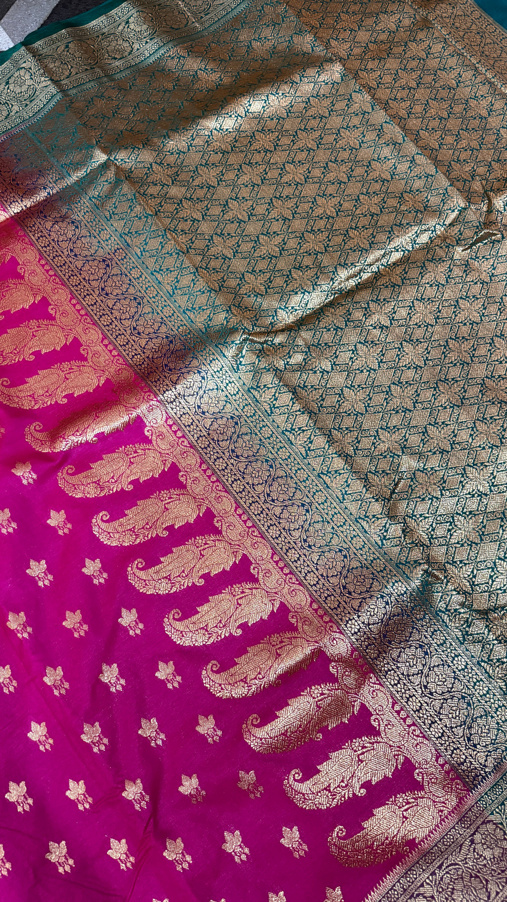 Hot Pink Banarasi Silk Saree with Gold Floral Butti & Rich Zari Border