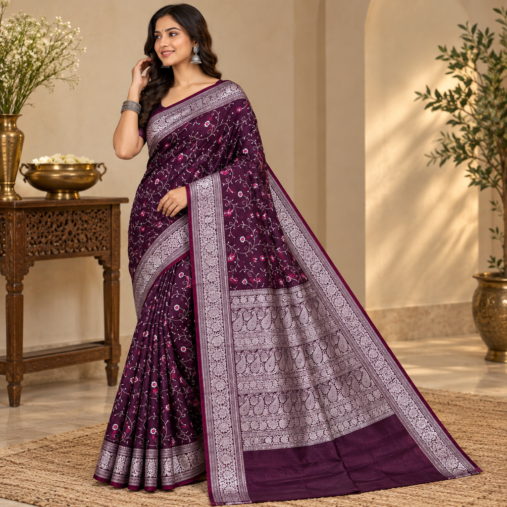 Wine Purple Satin Silk Saree, Floral Vine, Silver Border, Paisley Pallu
