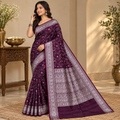 Wine Purple Satin Silk Saree, Floral Vine, Silver Border, Paisley Pallu