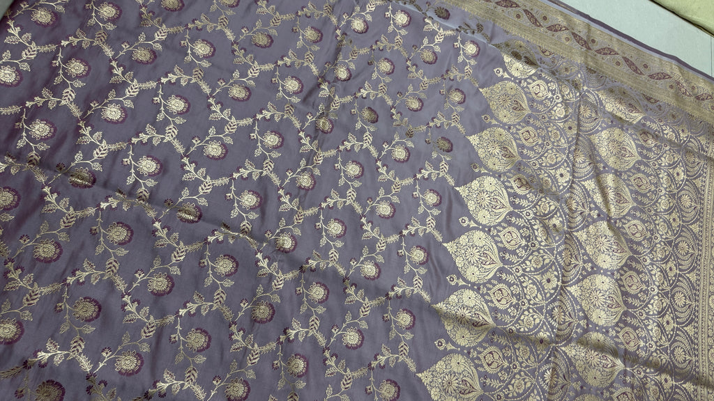 Pure Katan Silk Saree, Lavender Grey, Gold Zari Floral Weave, Indian Wedding Ethnic Wear
