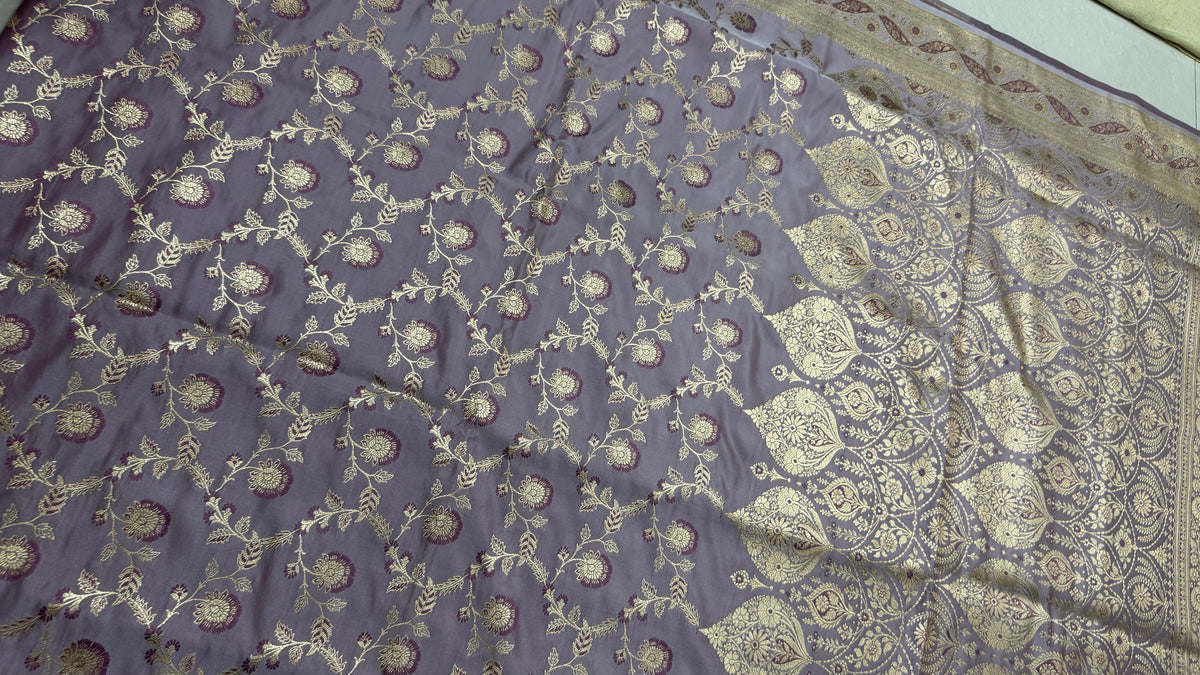 Pure Katan Silk Saree, Lavender Grey, Gold Zari Floral Weave, Indian Wedding Ethnic Wear