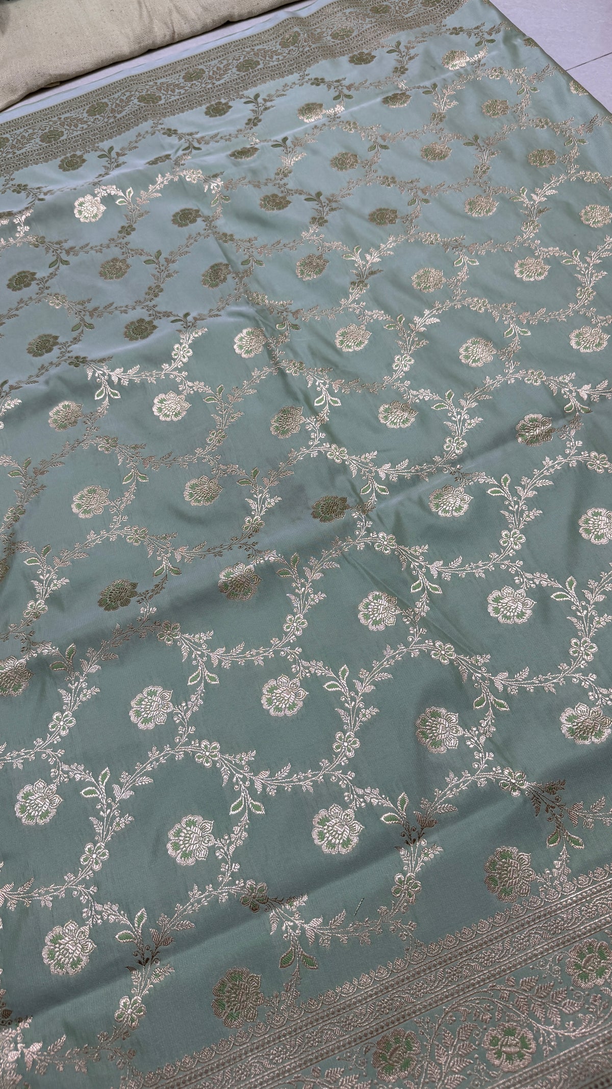 Pure Katan Silk Saree, Sage Green Handwoven Silver Zari, Bridal Wedding Drape