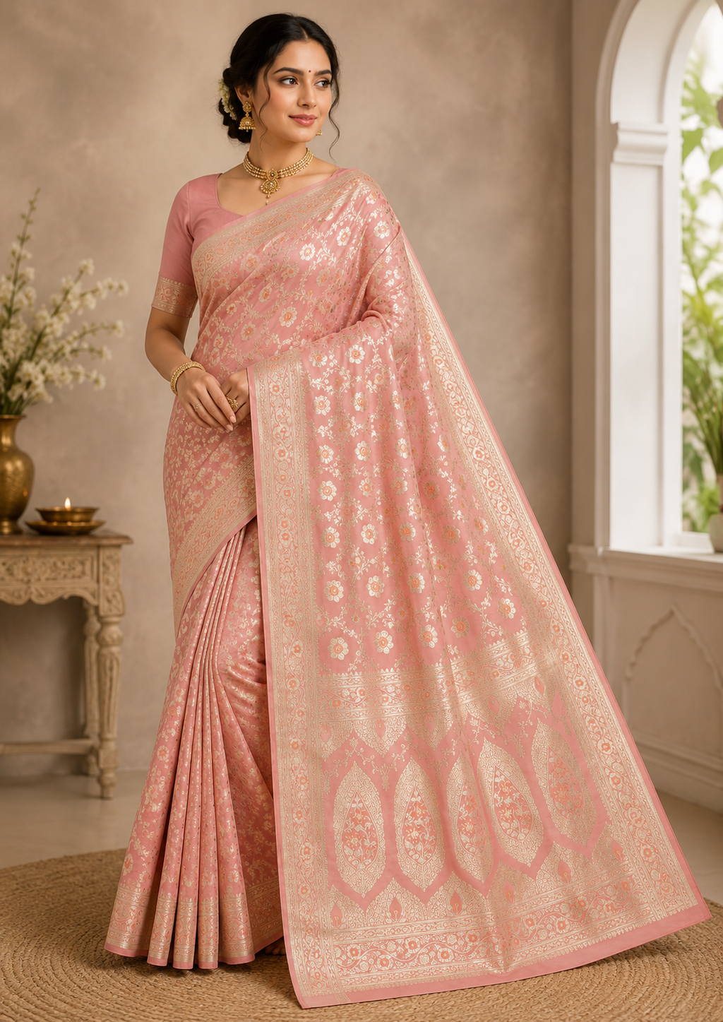 Pure Katan Silk Saree: Blush Pink Floral Zari Weave, Traditional Indian Bridal Gift