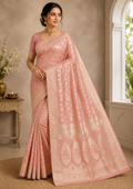 Pure Katan Silk Saree: Blush Pink Floral Zari Weave, Traditional Indian Bridal Gift