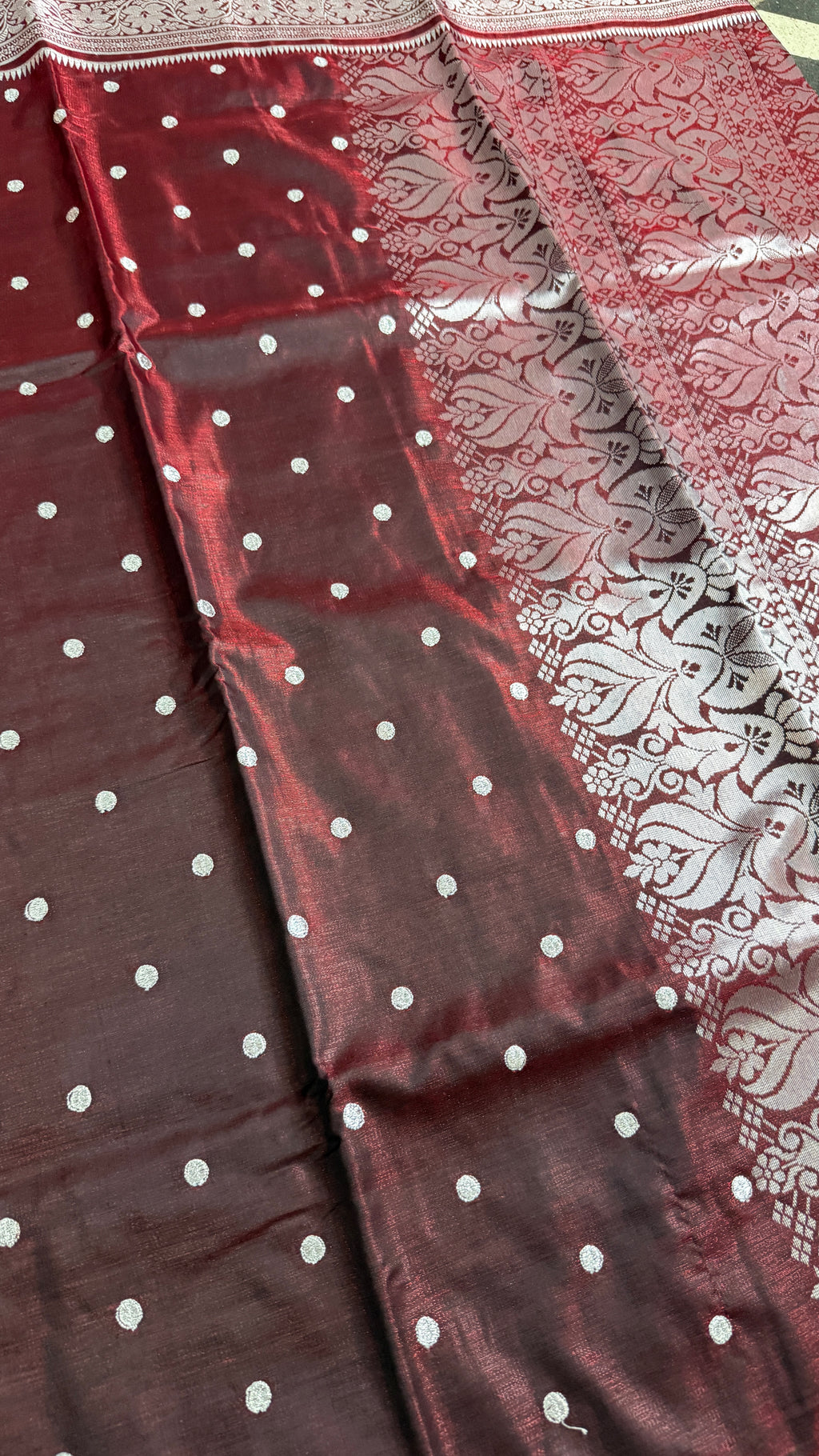 Wine Maroon Satin Silk Saree, Silver Zari Border, Floral Motifs, Wedding Wear