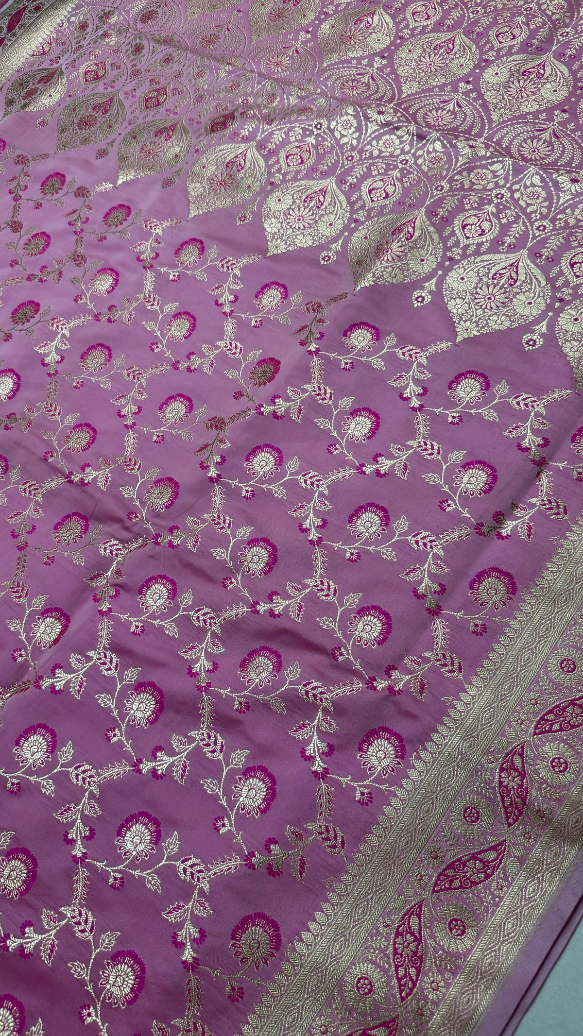 Pink Katan Silk Banarasi Saree, Gold Zari Floral Weave, Wedding Bridal Ethnic Wear