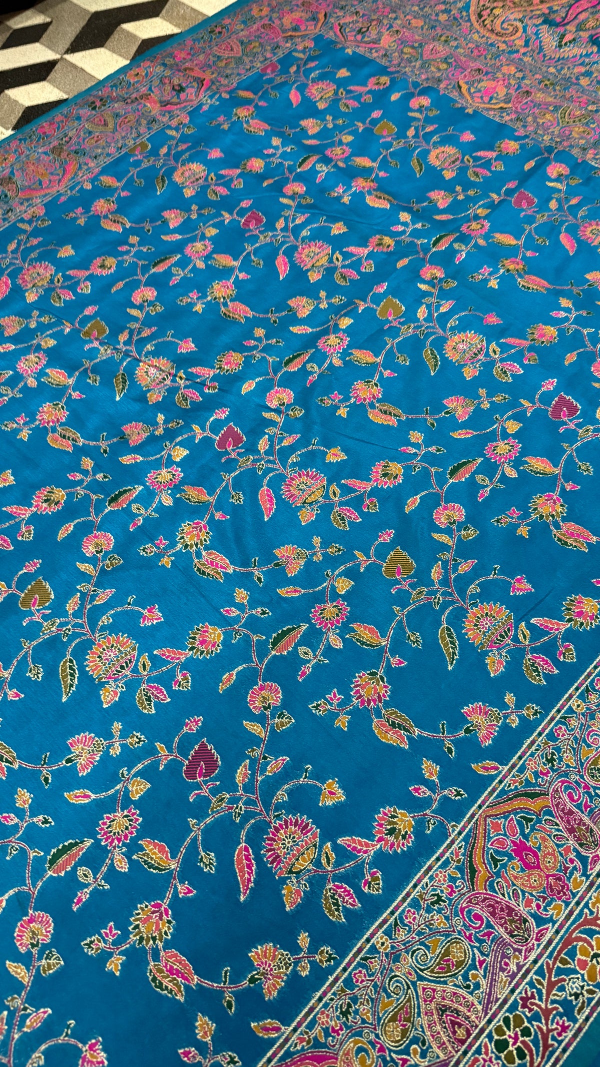 Royal Blue Pashmina Silk Saree, Kashmiri Floral Paisley Woven Indian Wedding Wear