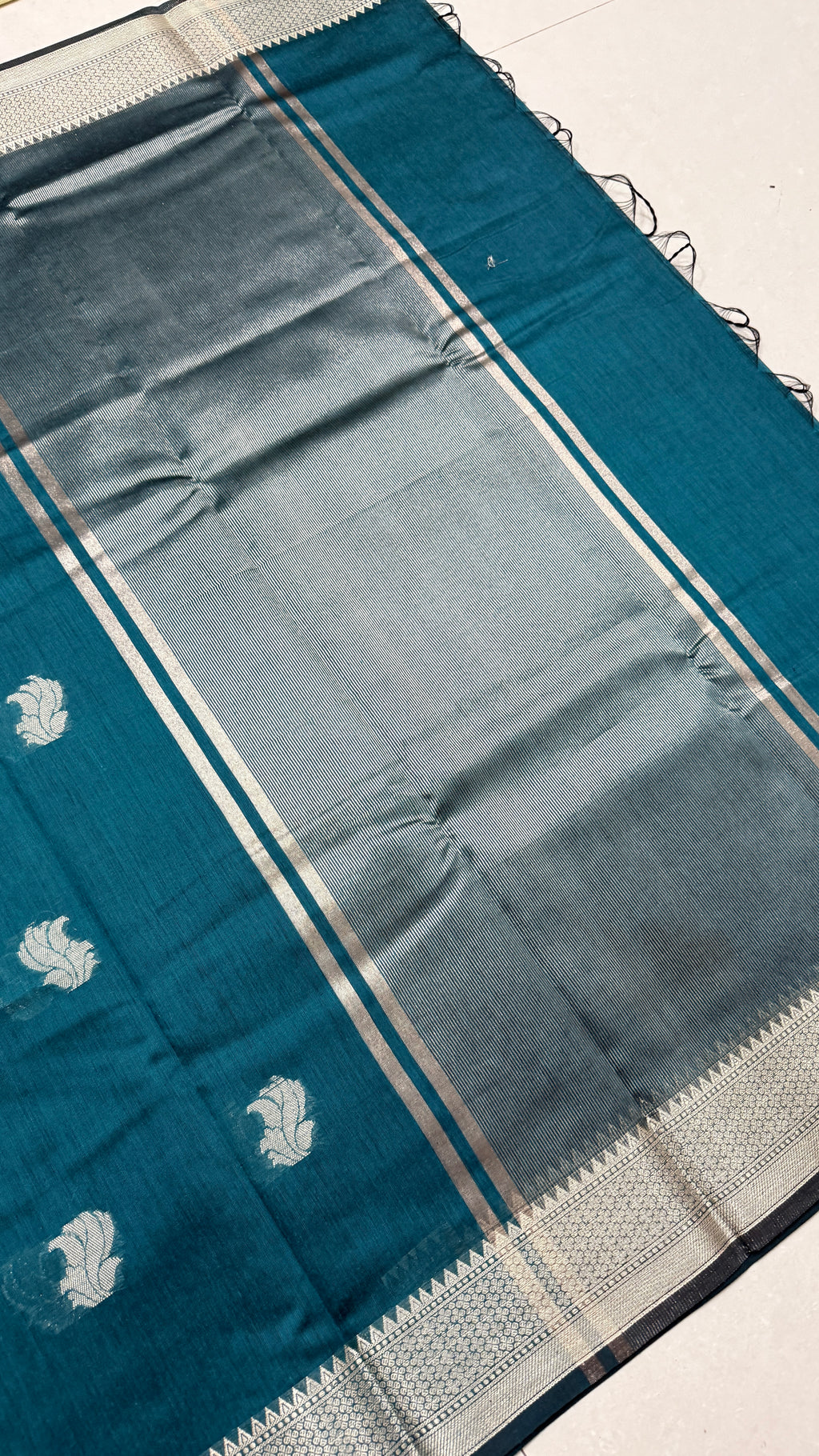 Teal Cotton Saree, Silver Zari Woven Border, Traditional Indian Festive Wear