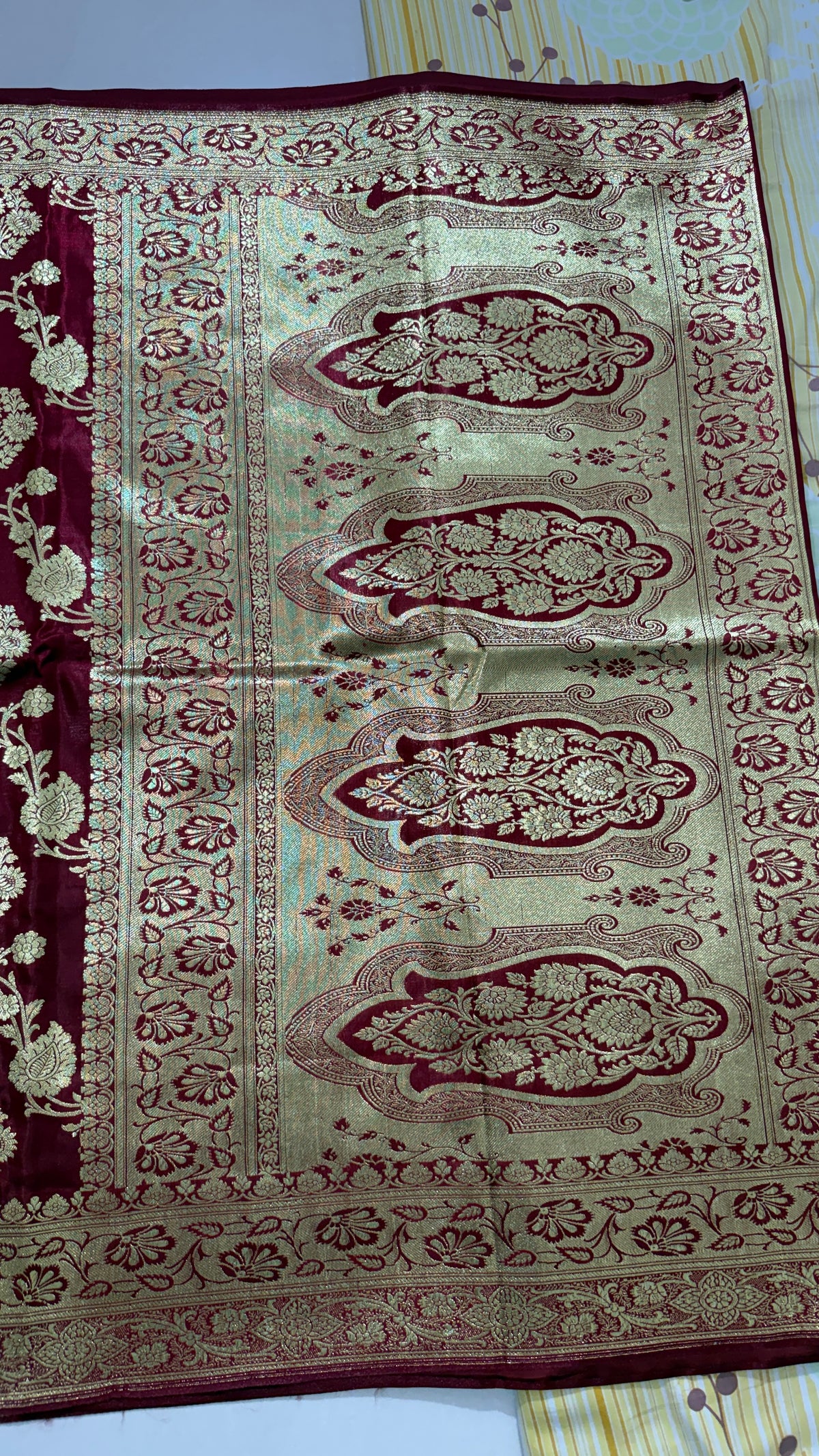 Maroon Banarasi Semi Katan Silk Saree, Golden Zari Floral, Wedding Festive Wear