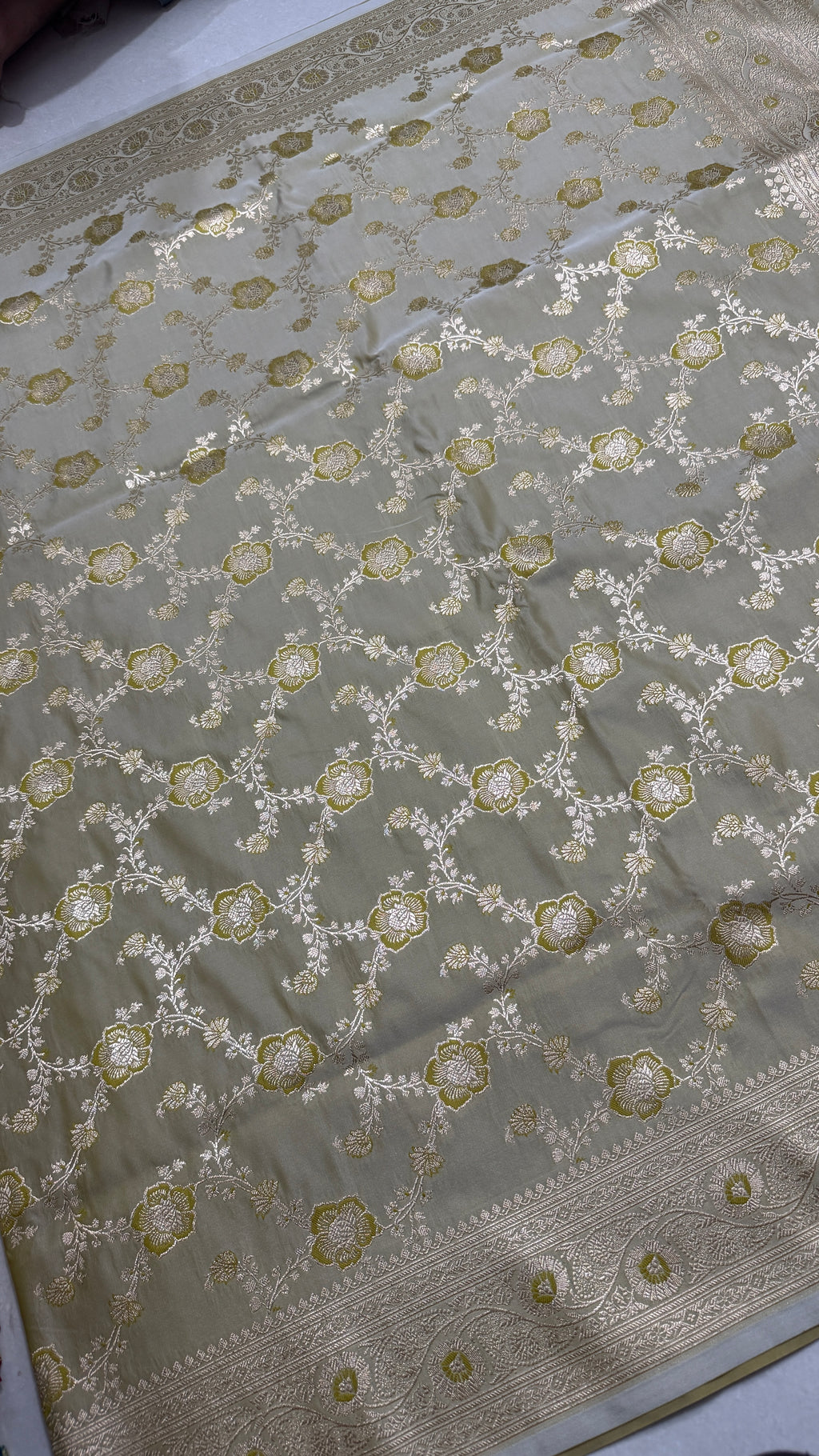 Pure Katan Silk Saree: Champagne Beige Zari Woven, Floral Motifs, Traditional Indian Wedding Wear