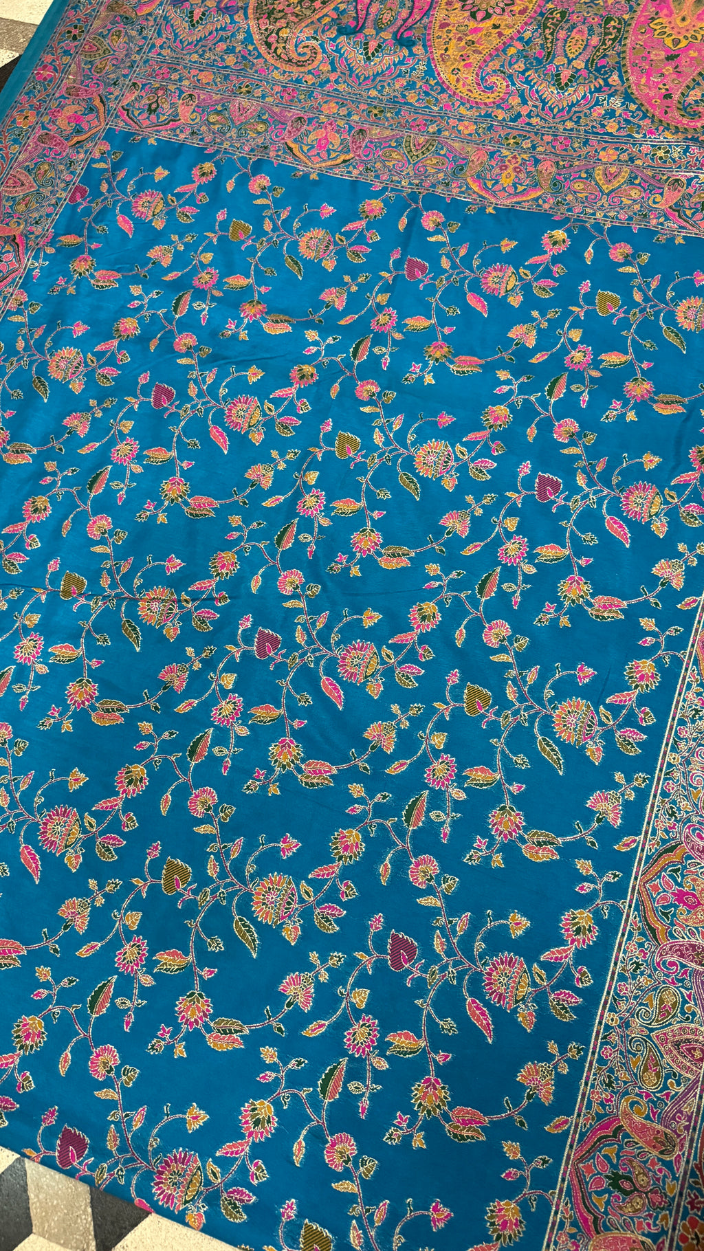 Royal Blue Pashmina Silk Saree, Kashmiri Floral Paisley Woven Indian Wedding Wear