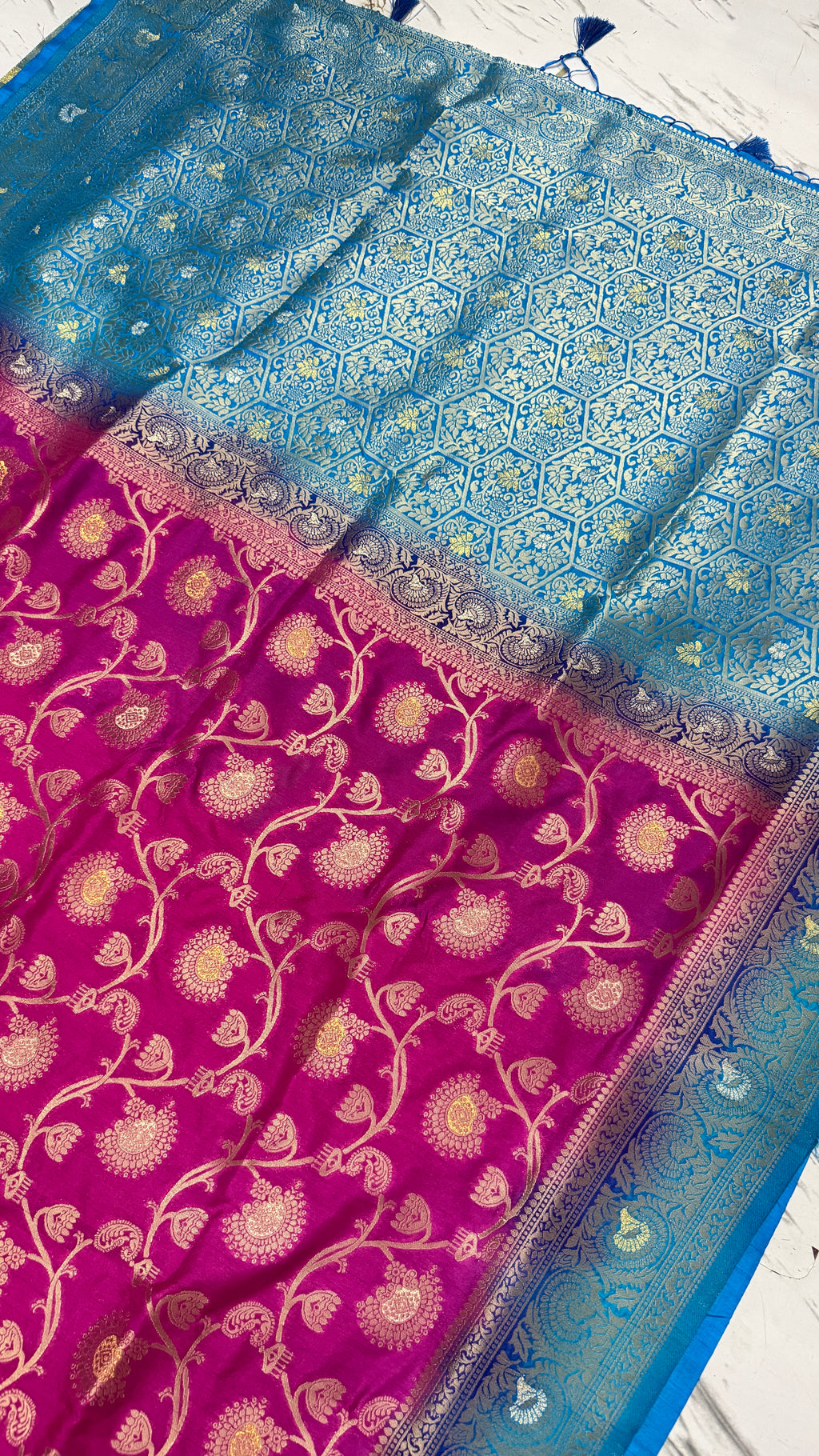 Fuchsia Pink Dola Silk Saree, Banarasi Zari Woven Border, Floral Motifs, Festive Wear