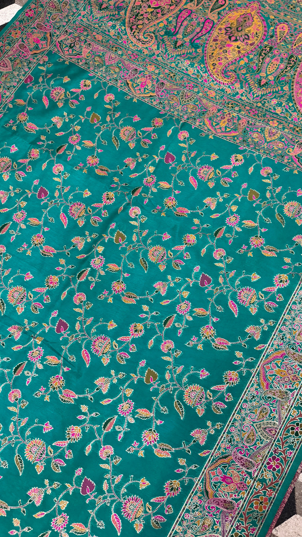Teal Blue Pashmina Silk Saree, Kashmiri Floral Woven Paisley Border