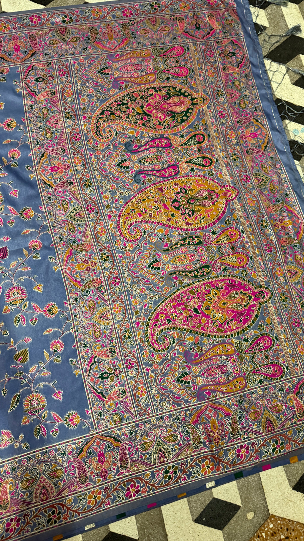 Steel Blue Pashmina Silk Saree, Kashmiri Floral Woven, Paisley Border, Indian Festive Wear