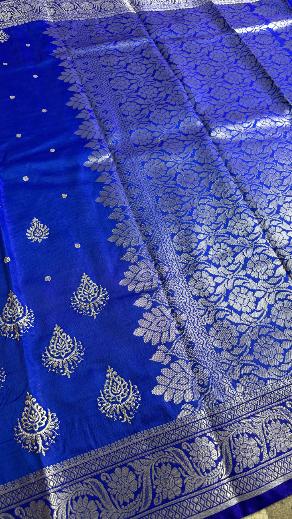 Royal Blue Satin Silk Saree, Silver Zari Border, Festive Indian Wedding Wear