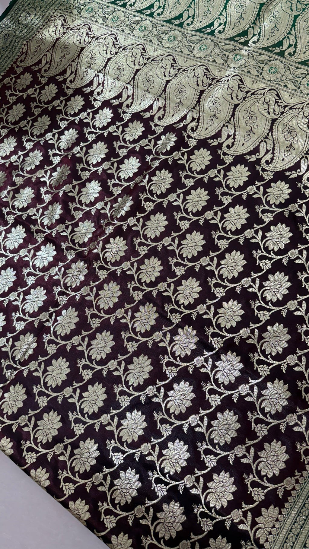 Wine Green Banarasi Silk Saree | Golden Floral Woven Traditional Indian Saree