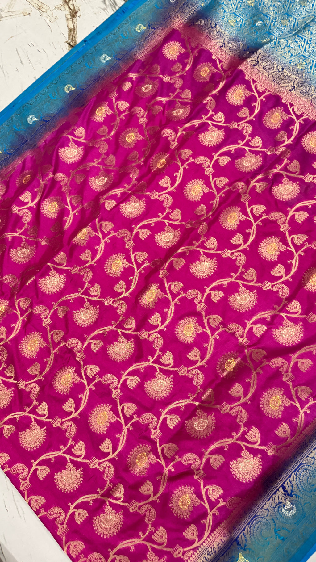 Fuchsia Pink Dola Silk Saree, Banarasi Zari Woven Border, Floral Motifs, Festive Wear