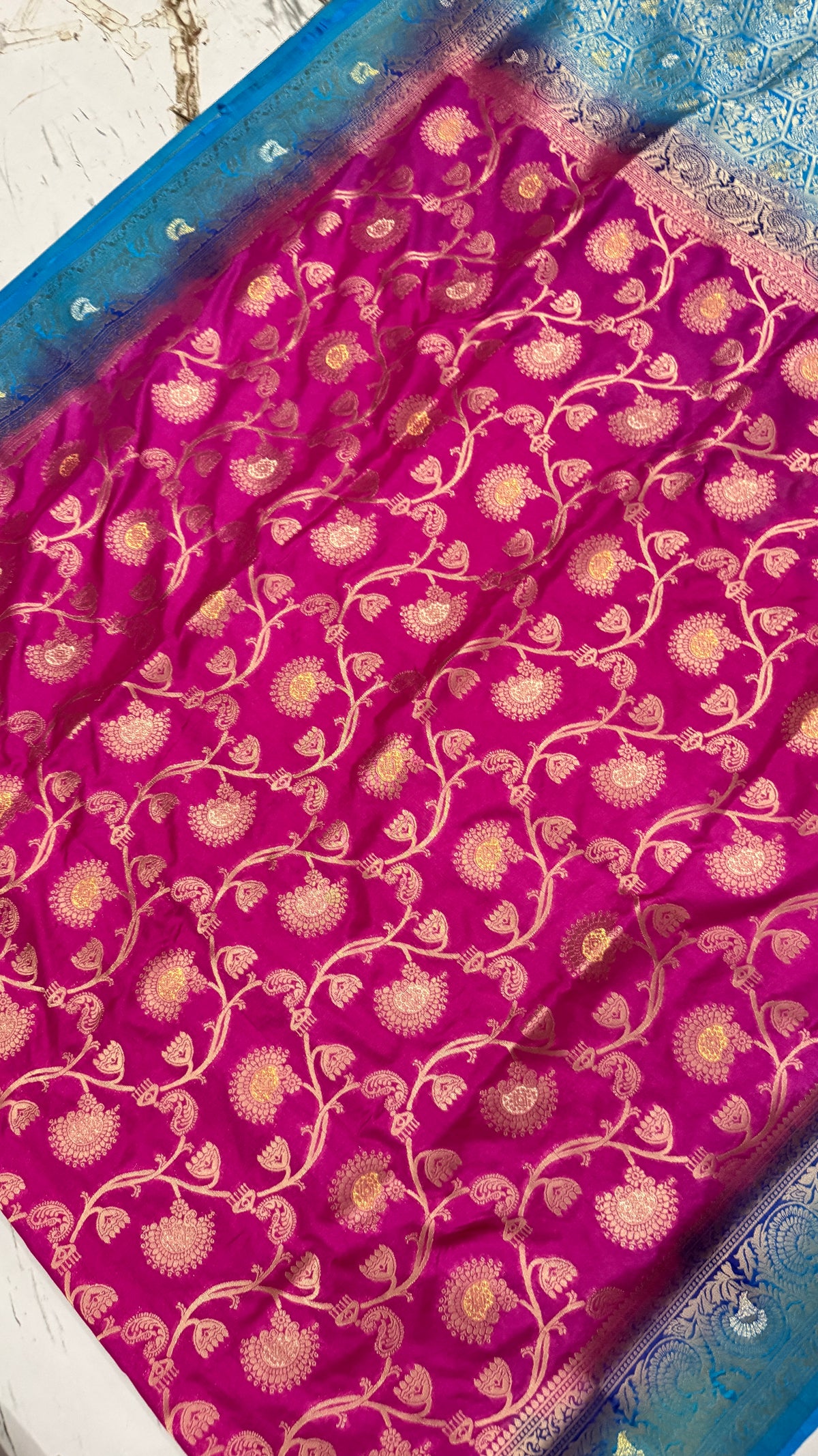 Fuchsia Pink Dola Silk Saree, Banarasi Zari Woven Border, Floral Motifs, Festive Wear