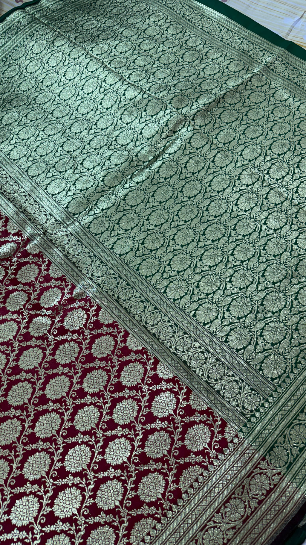 Maroon Green Banarasi Silk Saree, Gold Zari Floral Wedding Saree
