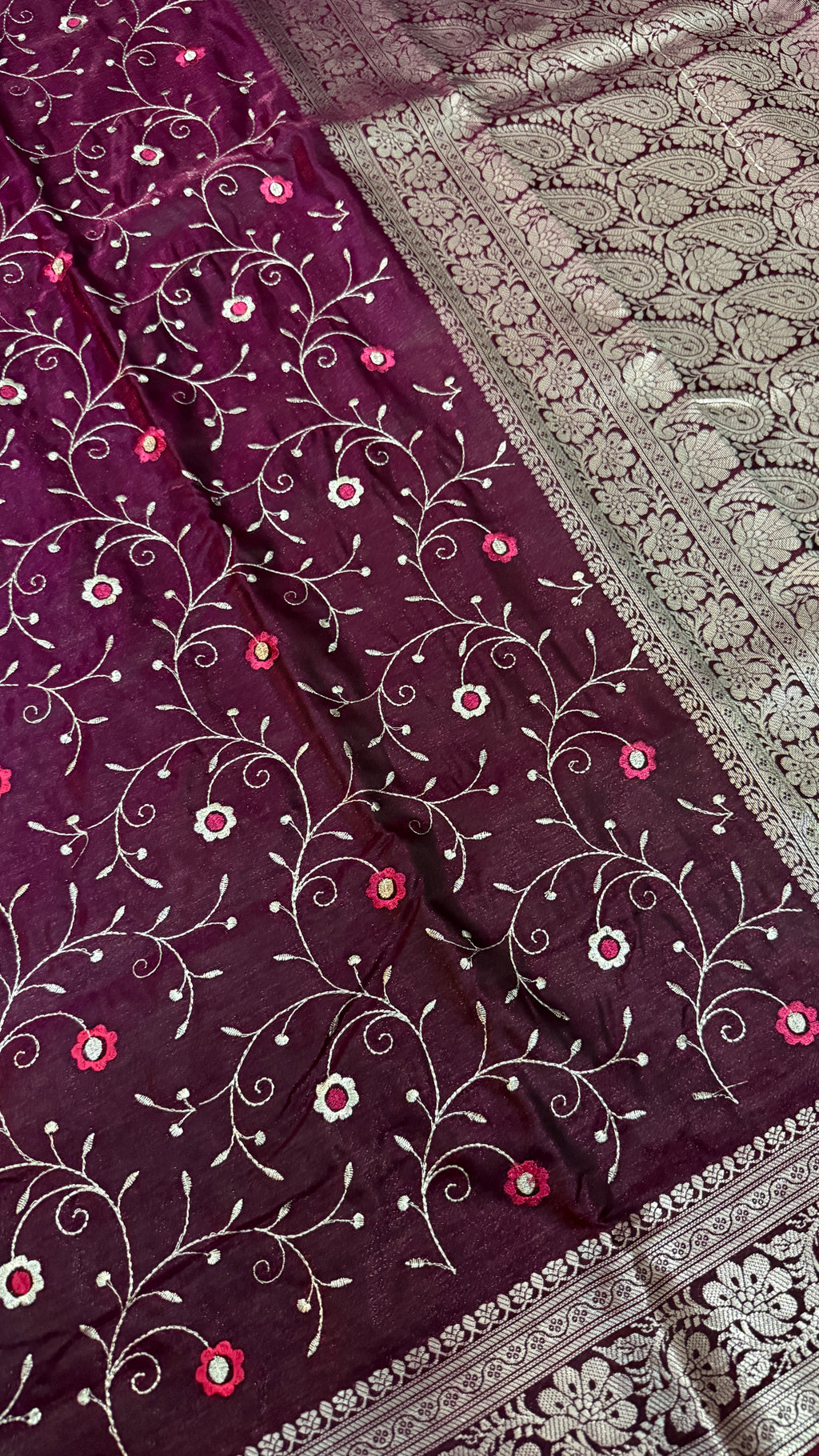 Wine Purple Satin Silk Saree, Floral Vine, Silver Border, Paisley Pallu