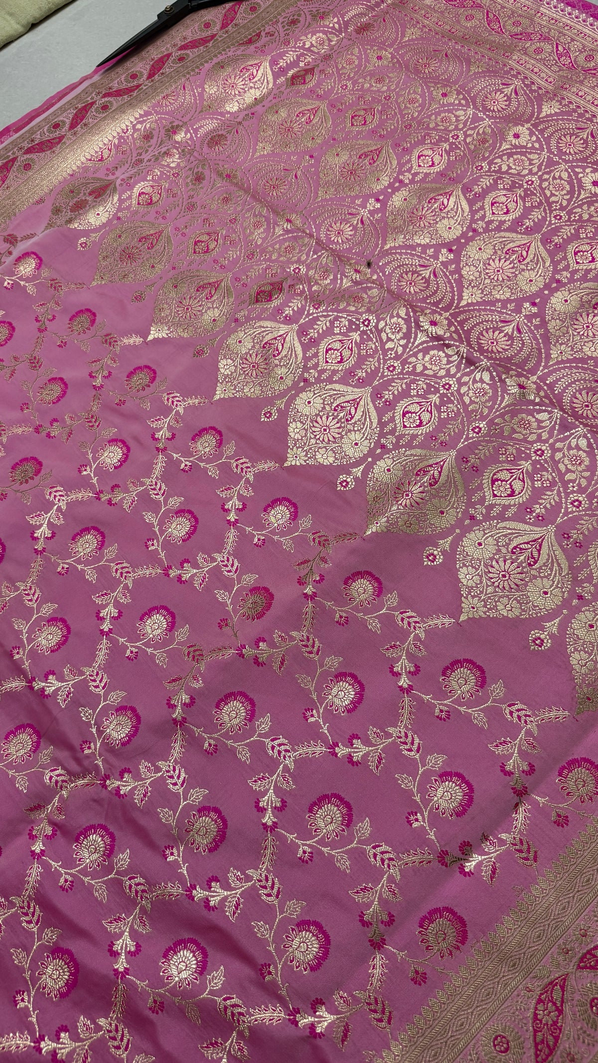 Pink Katan Silk Banarasi Saree, Gold Zari Floral Weave, Wedding Bridal Ethnic Wear