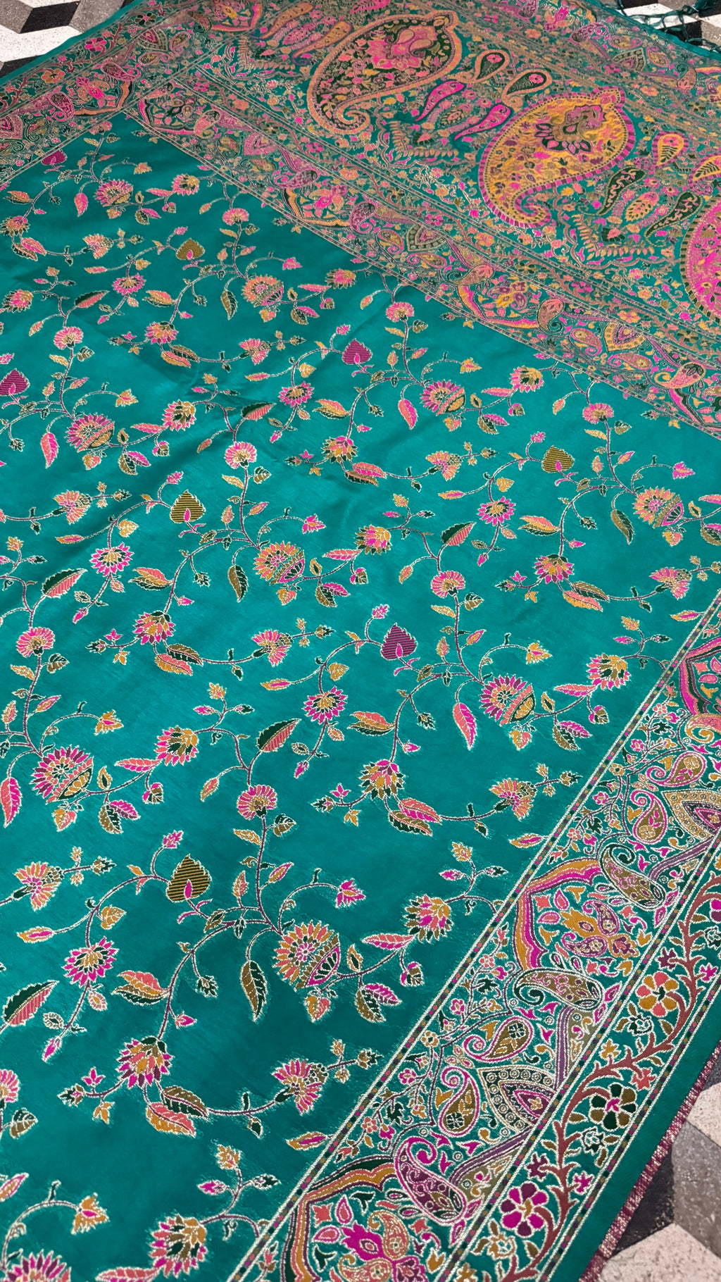 Teal Blue Pashmina Silk Saree, Kashmiri Floral Woven Paisley Border