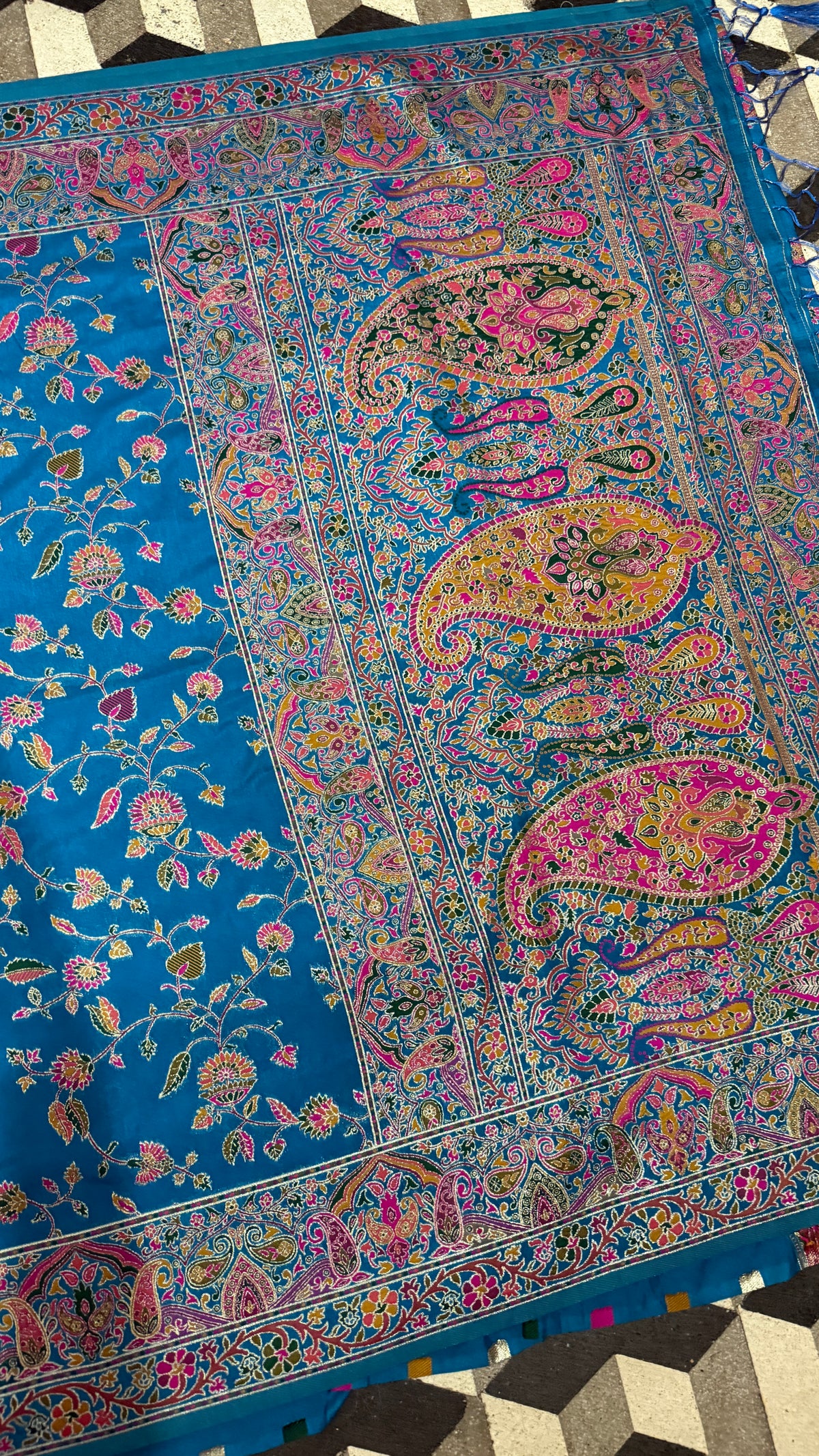 Royal Blue Pashmina Silk Saree, Kashmiri Floral Paisley Woven Indian Wedding Wear