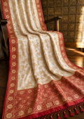Elegant Dola Silk Saree – Ivory & Red Woven Banarasi Style Saree