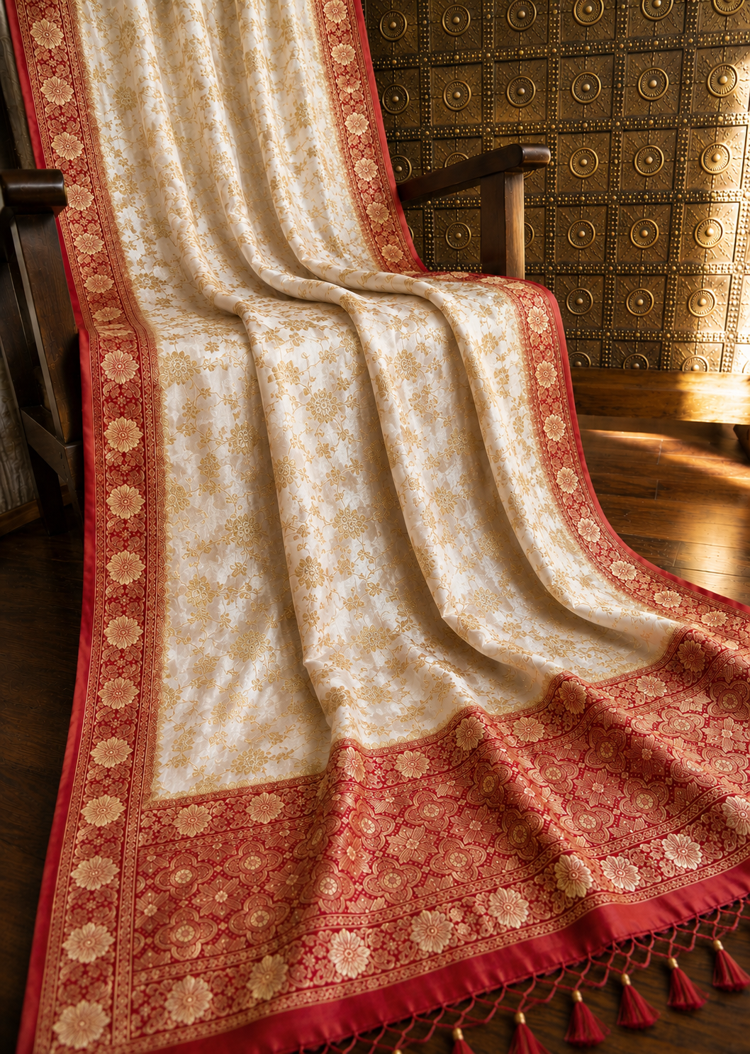 Elegant Dola Silk Saree – Ivory & Red Woven Banarasi Style Saree