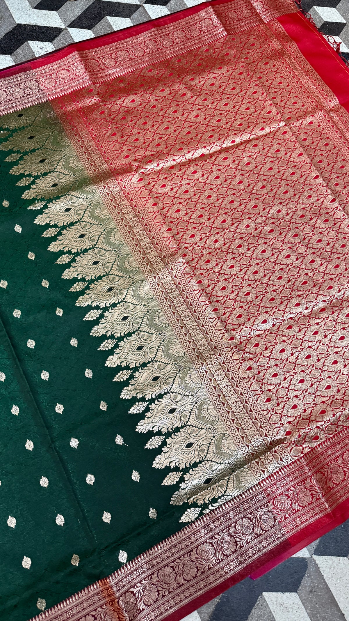 Emerald Green Banarasi Silk Saree, Rose Gold Zari Woven Border, Indian Wedding Festive Wear