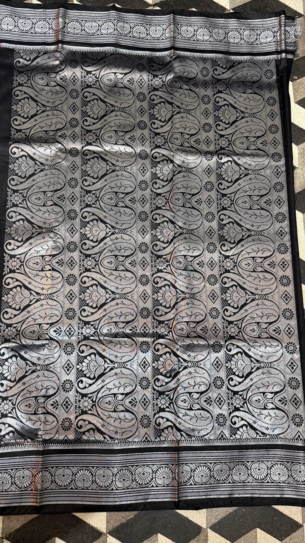 Black Satin Silk Saree, Silver Zari Border, Peacock Paisley Pallu, Wedding Wear