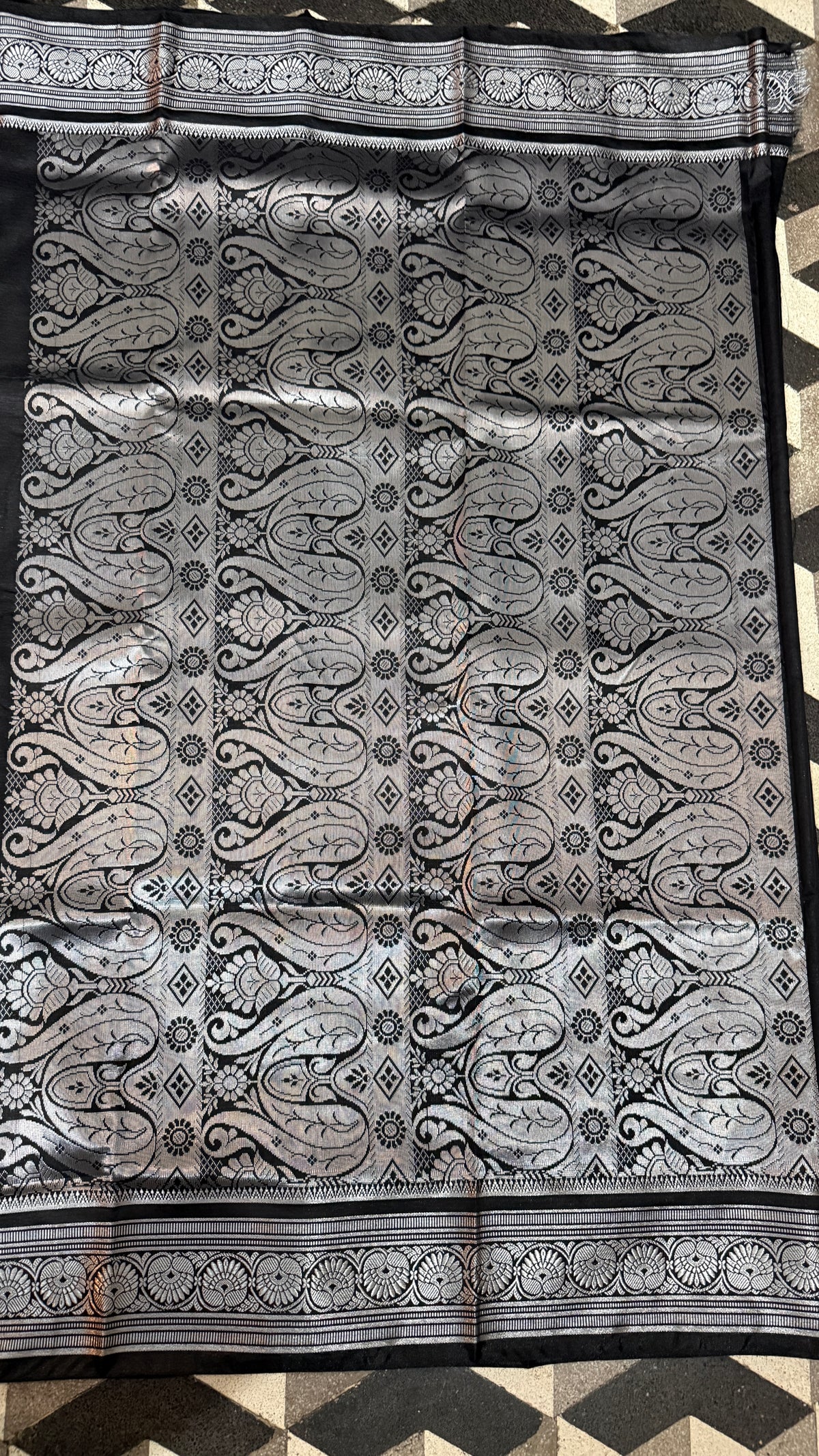Black Satin Silk Saree, Silver Zari Border, Peacock Paisley Pallu, Wedding Wear