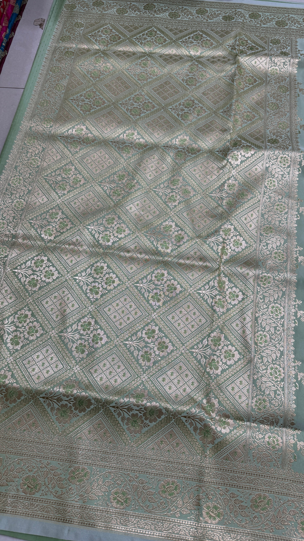 Pure Katan Silk Saree, Sage Green Handwoven Silver Zari, Bridal Wedding Drape