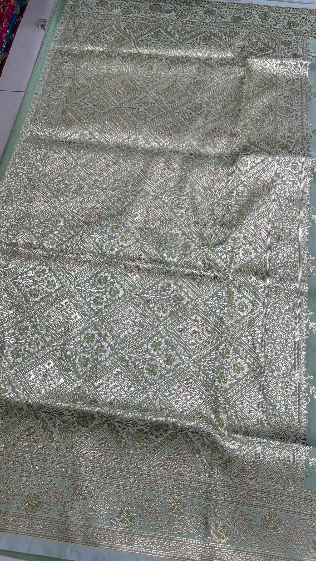 Pure Katan Silk Saree, Sage Green Handwoven Silver Zari, Bridal Wedding Drape