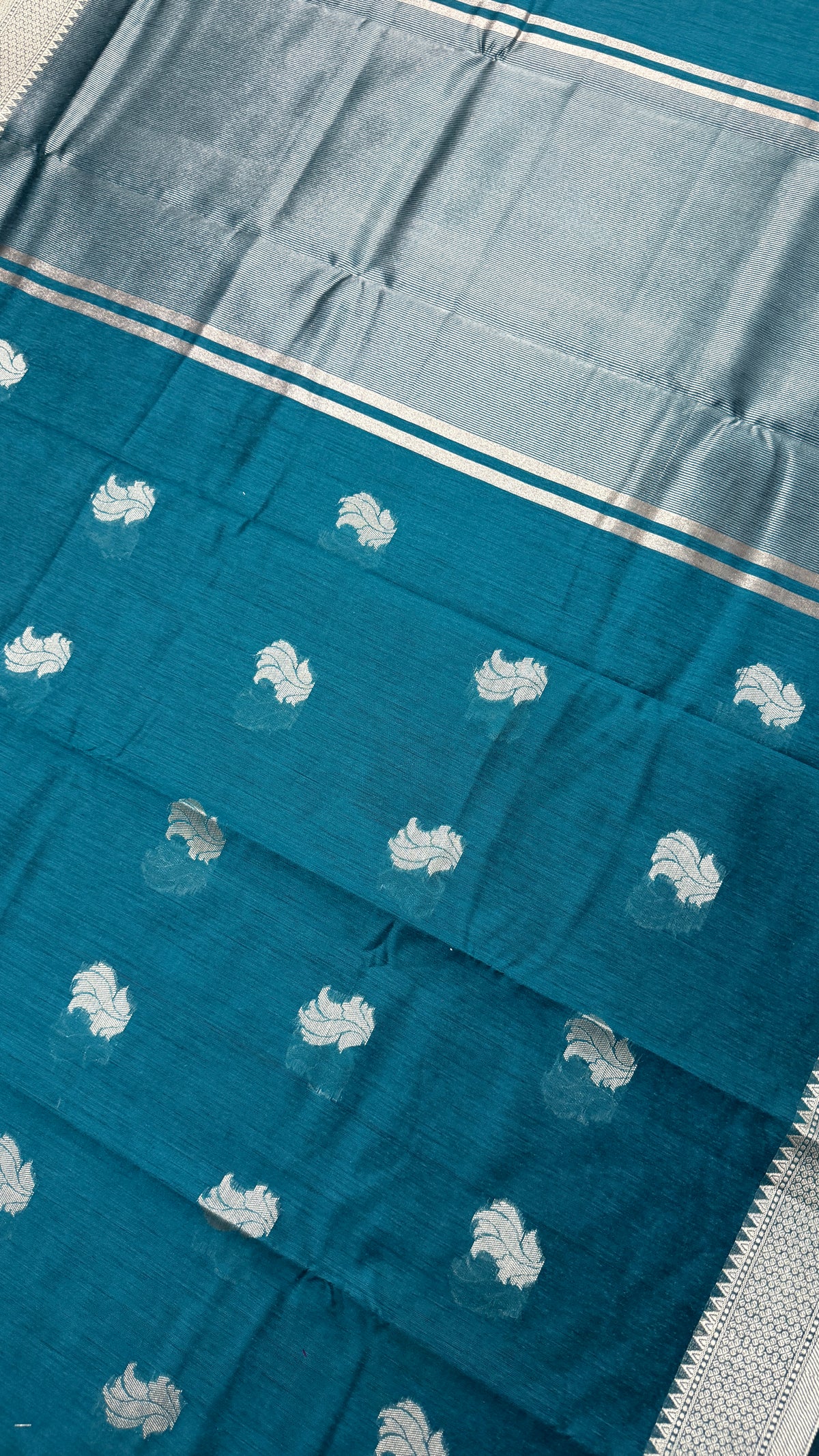 Teal Cotton Saree, Silver Zari Woven Border, Traditional Indian Festive Wear