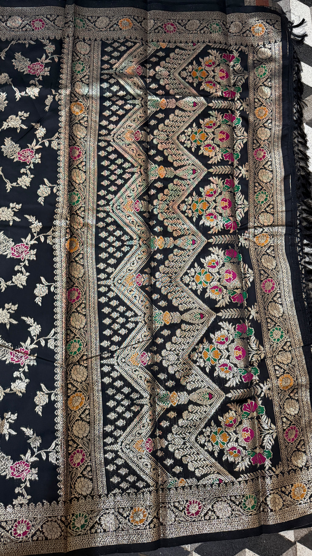 Black Georgette Silk Saree, Floral Zari, Traditional Wedding Wear