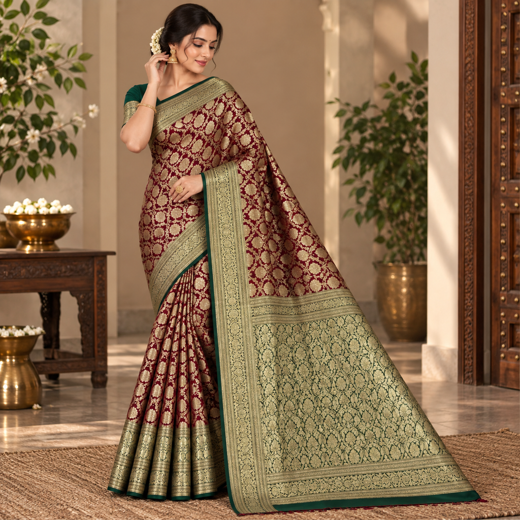 Maroon Green Banarasi Silk Saree, Gold Zari Floral Wedding Saree