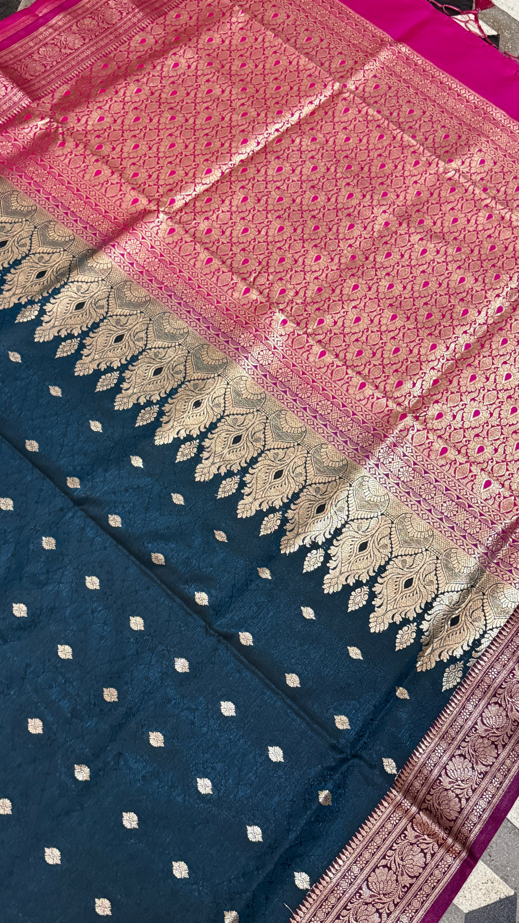 Navy Blue Pink Banarasi Silk Saree, Golden Zari Woven, Wedding Festive Wear