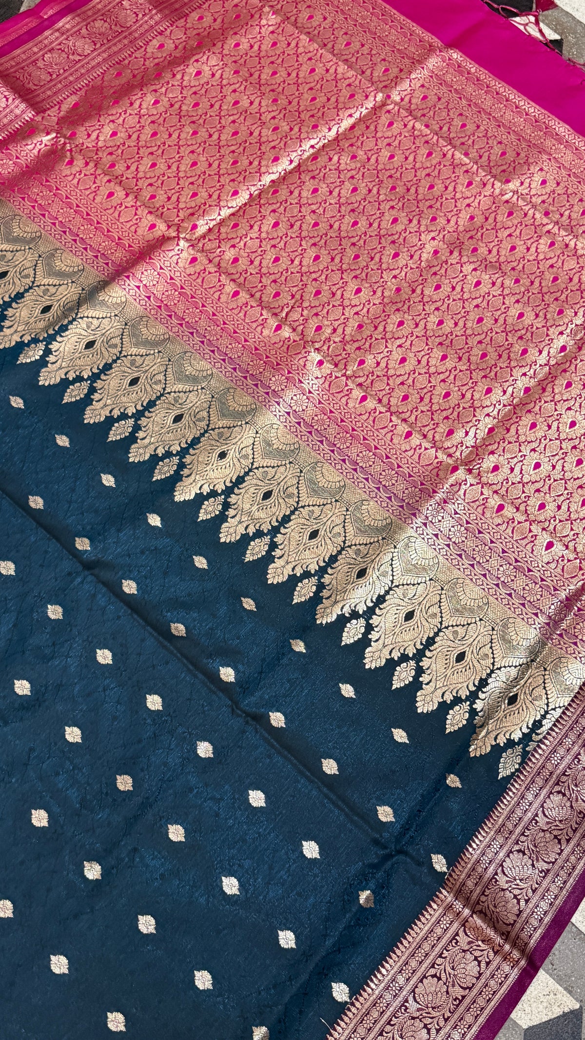 Navy Blue Pink Banarasi Silk Saree, Golden Zari Woven, Wedding Festive Wear