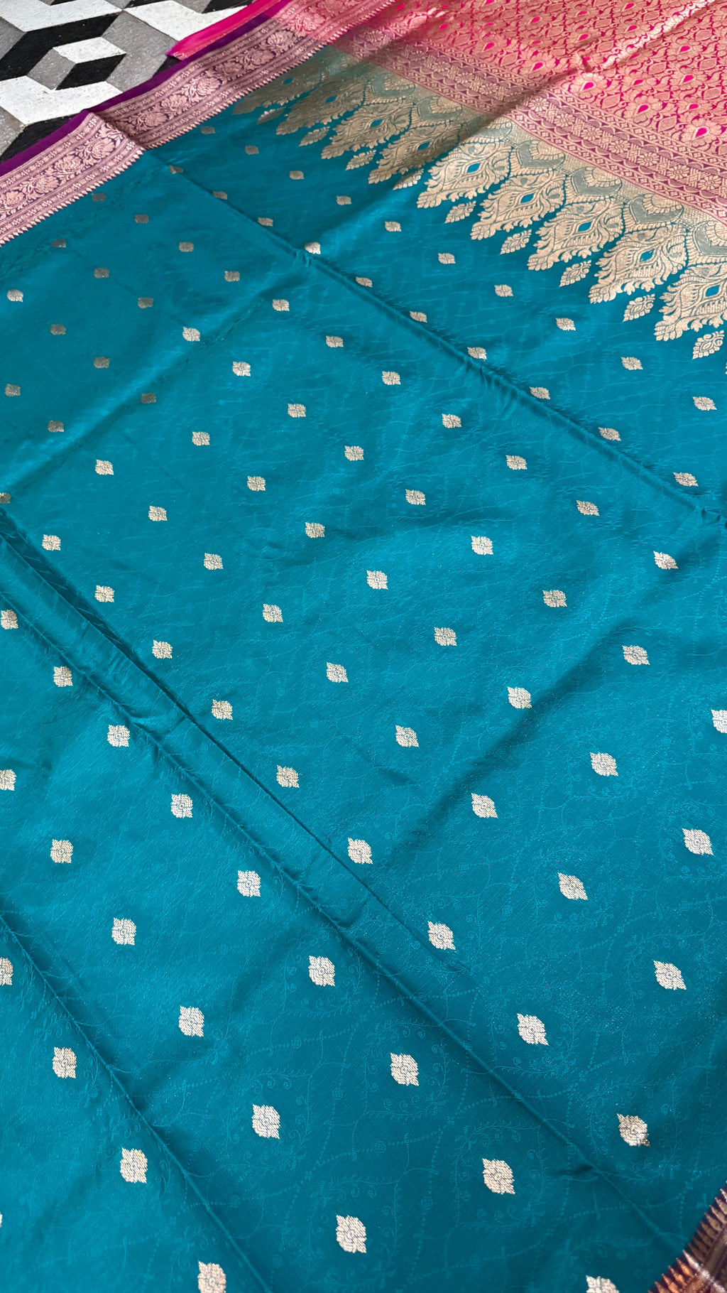 Teal Blue Banarasi Silk Saree, Pink Zari Border, Traditional Indian Wedding Wear