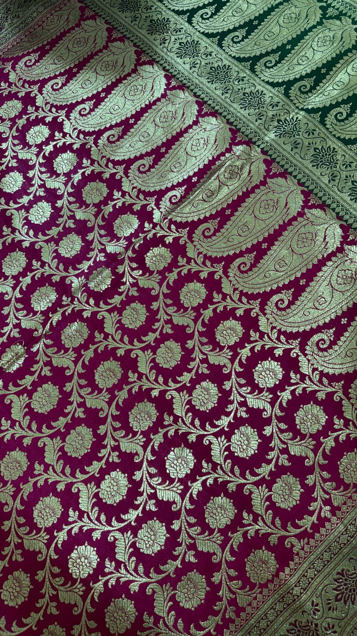 Magenta Green Banarasi Silk Saree, Gold Zari Floral Paisley Wedding Saree