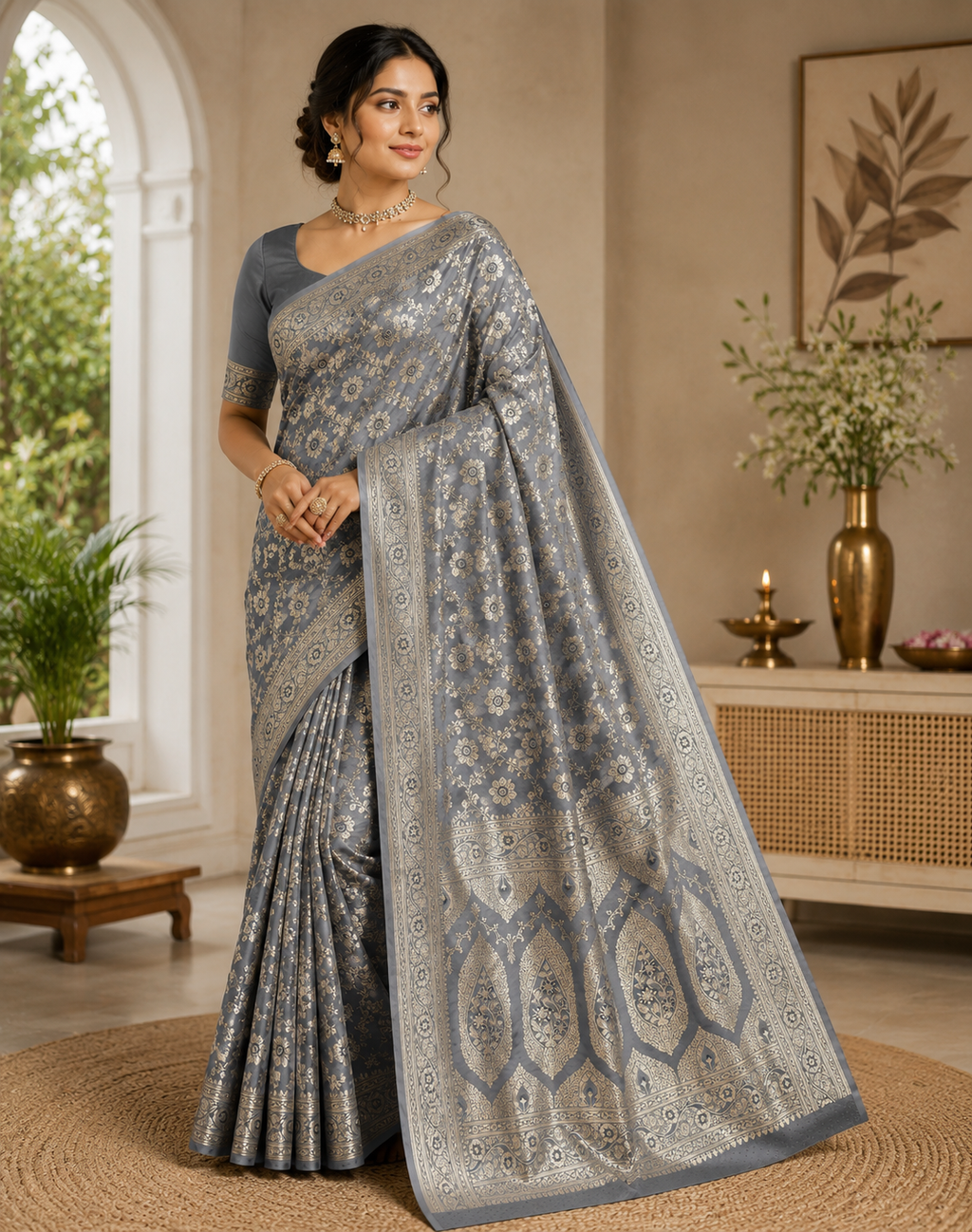 Pure Katan Silk Saree, Slate Grey Banarasi, Gold Zari Floral Weave, Wedding Ethnic Wear