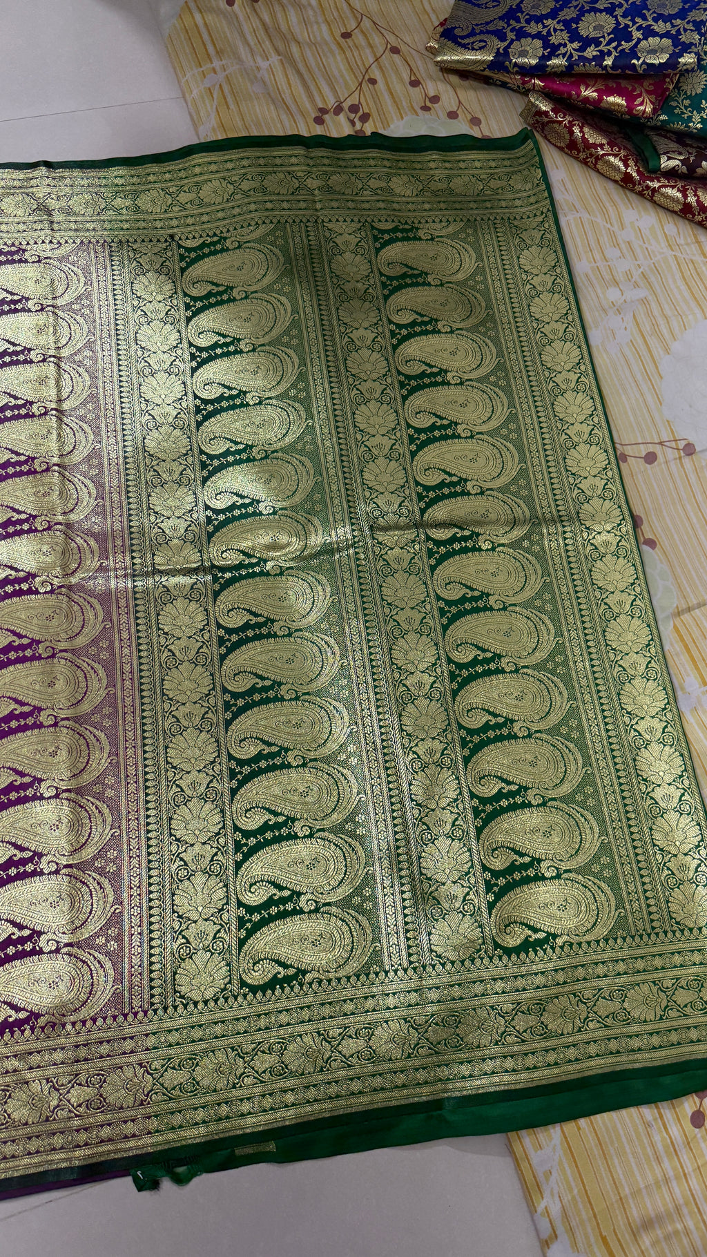 Purple Green Banarasi Silk Saree, Gold Zari Floral Paisley Wedding Saree