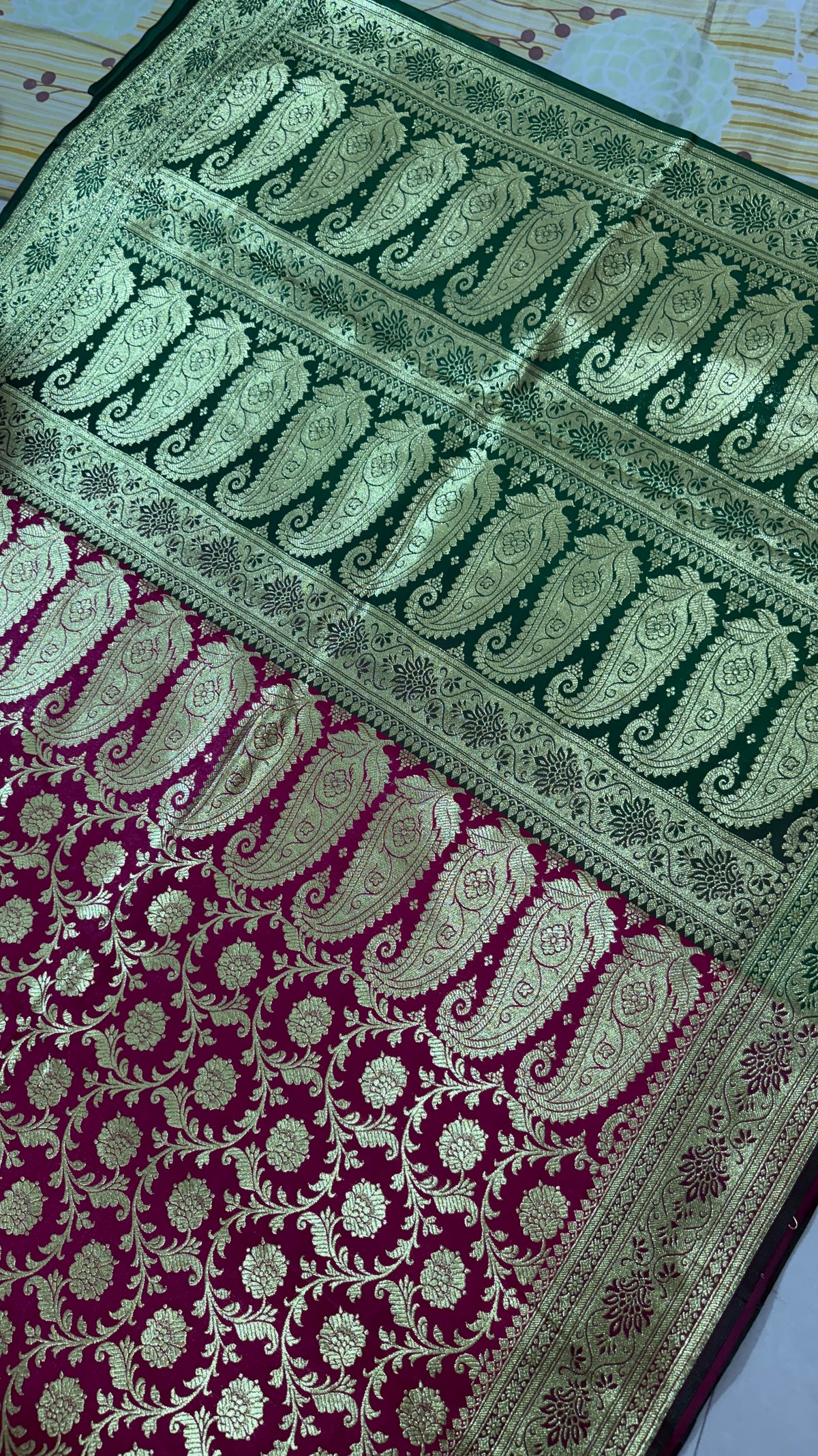 Magenta Green Banarasi Silk Saree, Gold Zari Floral Paisley Wedding Saree