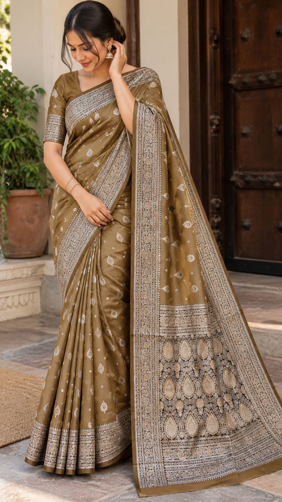 Olive Brown Silk Saree with Zari Work, Floral & Paisley Motifs (Traditional Indian Wear)