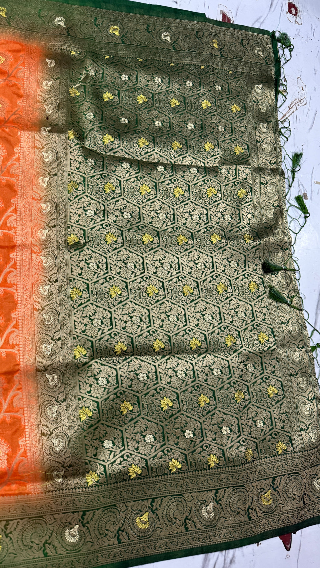 Orange Dola Silk Saree, Banarasi Zari Woven Floral Motifs, Festive Wedding Wear
