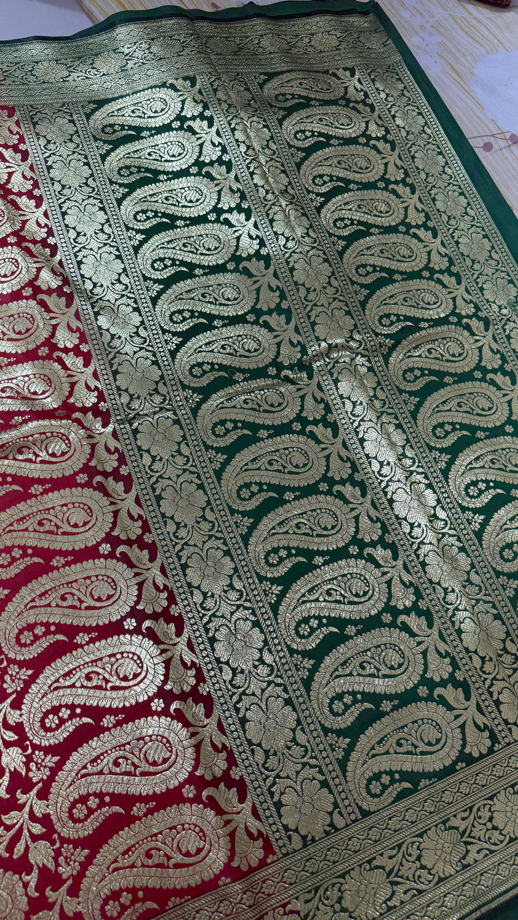 Maroon Green Banarasi Silk Saree, Gold Zari Floral Paisley Wedding Saree