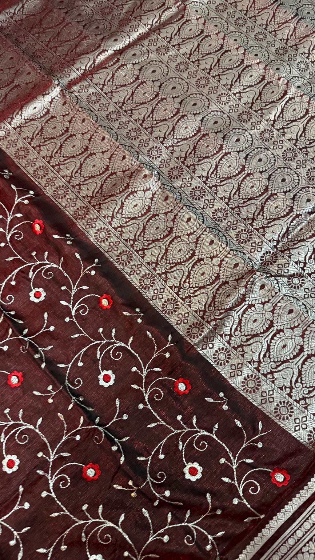 Wine Satin Silk Saree, Floral Vine, Silver Border, Paisley Pallu (Wedding Wear)