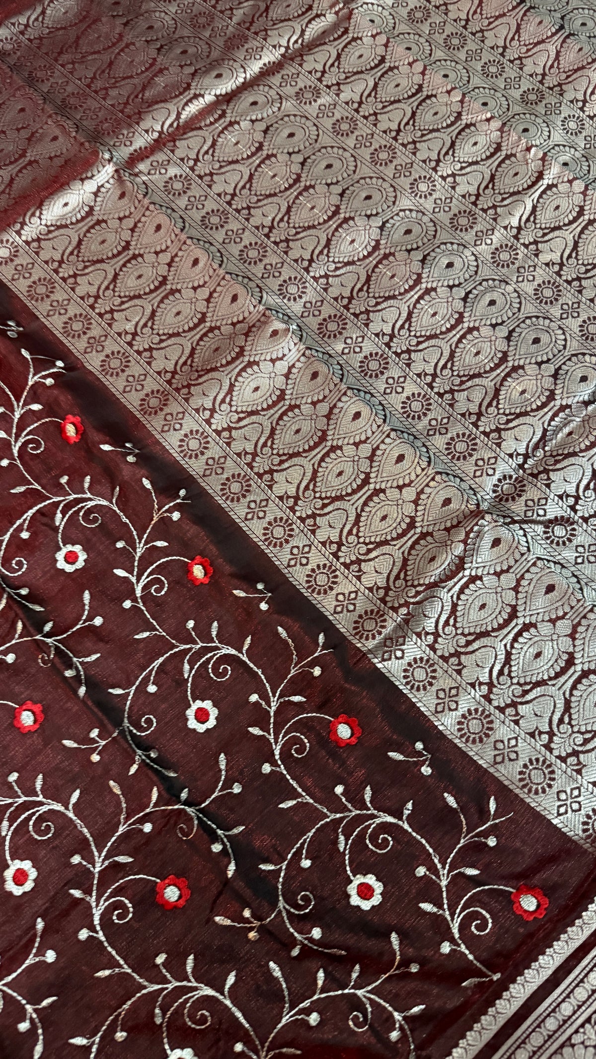 Wine Satin Silk Saree, Floral Vine, Silver Border, Paisley Pallu (Wedding Wear)