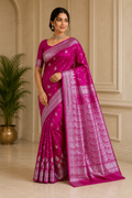 Magenta Pink Satin Silk Saree, Silver Zari Border, Festive Indian Wedding Wear